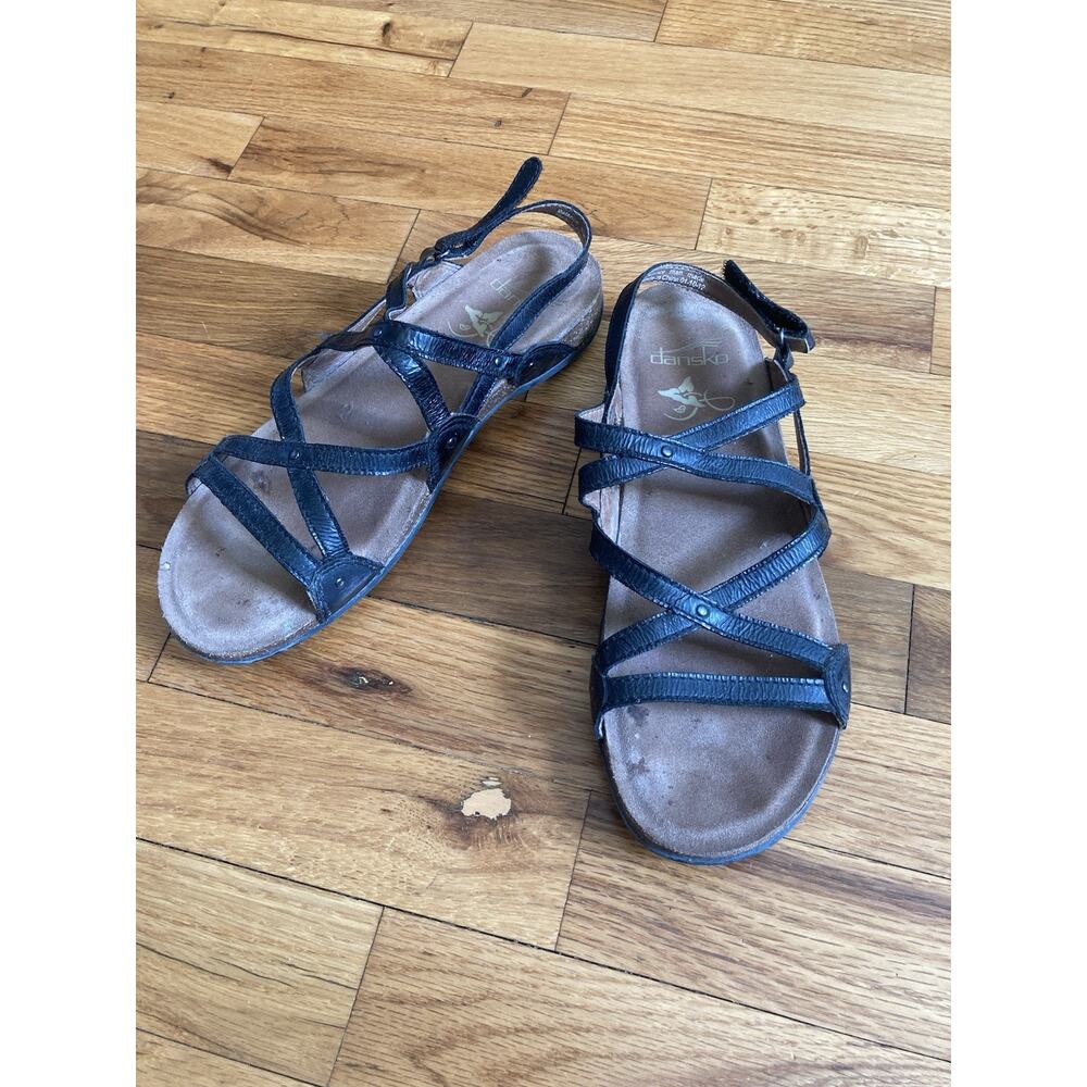 Dansko Sandals 38 Womens 7 Jovie Black Patent Leather Strappy Shoes Walking